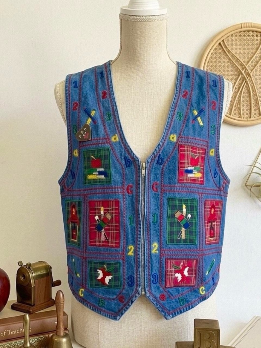 Vintage 90’s TanTrum Blues Denim Jean School Teacher Preppy Embroidered Vest